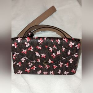 Floral Envelope Crossbody Wallet - Pink on Brown